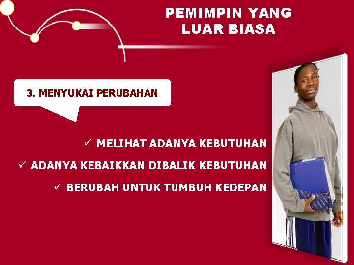 PEMIMPIN YANG LUAR BIASA 3. MENYUKAI PERUBAHAN ü MELIHAT ADANYA KEBUTUHAN ü ADANYA KEBAIKKAN