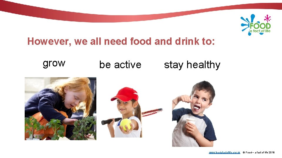 However, we all need food and drink to: grow be active stay healthy www.