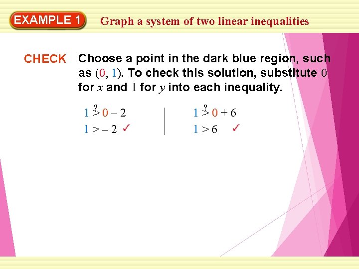 EXAMPLE 1 Graph a system of two linear inequalities CHECK Choose a point in