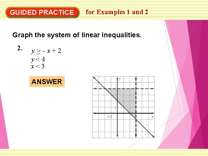 GUIDED PRACTICE for Examples 1 and 2 Graph the system of linear inequalities. 2.