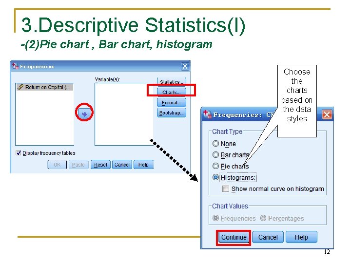3. Descriptive Statistics(I) -(2)Pie chart , Bar chart, histogram Choose the charts based on