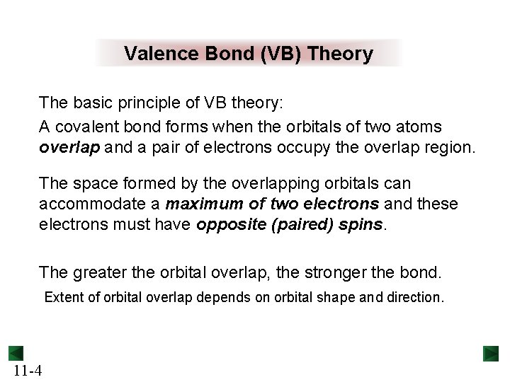 Valence Bond (VB) Theory The basic principle of VB theory: A covalent bond forms