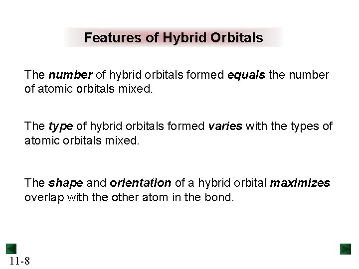 Features of Hybrid Orbitals The number of hybrid orbitals formed equals the number of