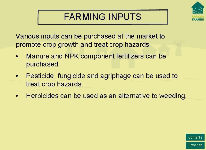 FARMING INPUTS Various inputs can be purchased at the market to promote crop growth