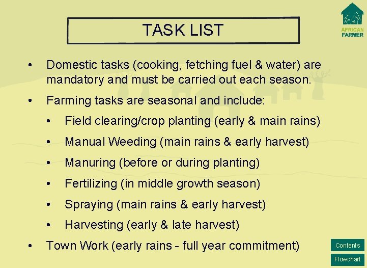 TASK LIST • Domestic tasks (cooking, fetching fuel & water) are mandatory and must