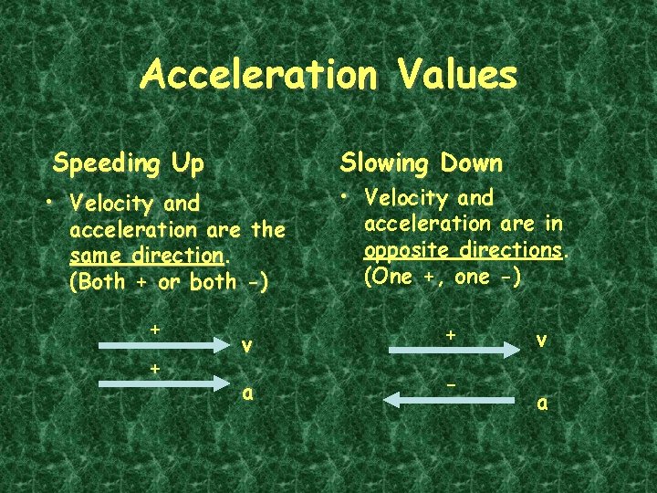 Acceleration Values Slowing Down Speeding Up • Velocity and acceleration are the same direction.