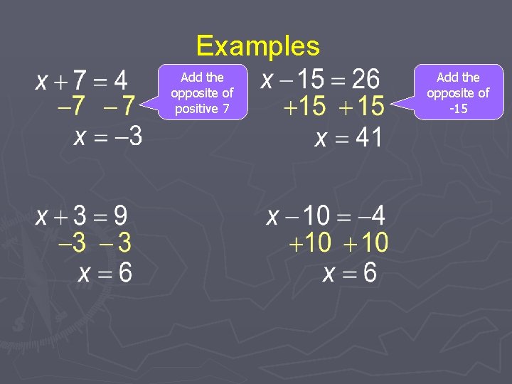 Examples Add the opposite of positive 7 Add the opposite of -15 