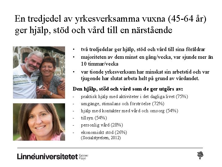 En tredjedel av yrkesverksamma vuxna (45 -64 år) ger hjälp, stöd och vård till En tredjedel av yrkesverksamma vuxna (45 -64 år) ger hjälp, stöd och vård till
