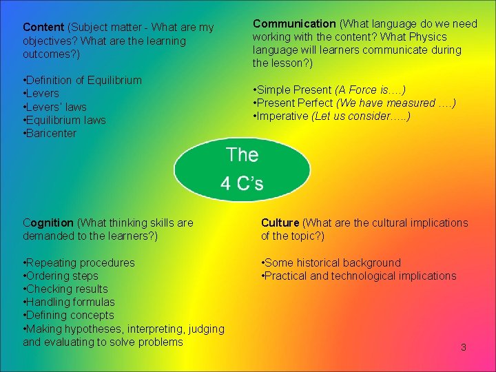 Content (Subject matter - What are my objectives? What are the learning outcomes? ) Content (Subject matter - What are my objectives? What are the learning outcomes? )