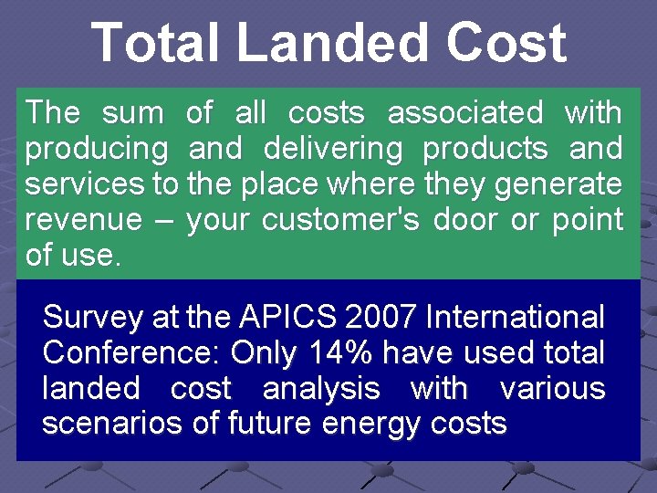Total Landed Cost The sum of all costs associated with producing and delivering products Total Landed Cost The sum of all costs associated with producing and delivering products