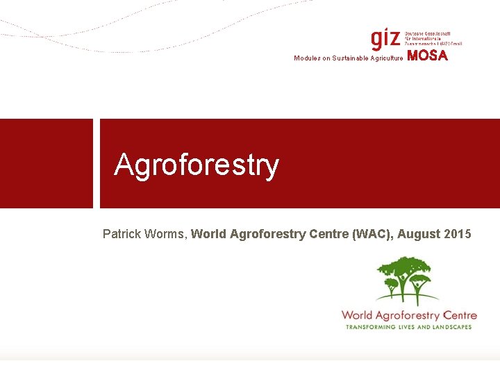 Modules on Sustainable Agriculture MOSA Agroforestry Patrick Worms, World Agroforestry Centre (WAC), August 2015