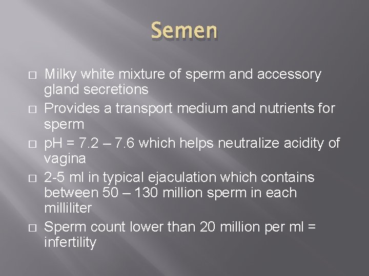 Semen � � � Milky white mixture of sperm and accessory gland secretions Provides