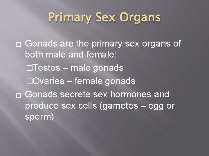 Primary Sex Organs � � Gonads are the primary sex organs of both male