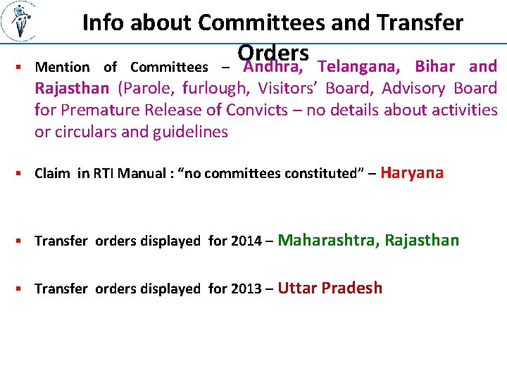 § Info about Committees and Transfer Orders Mention of Committees – Andhra, Telangana, Bihar