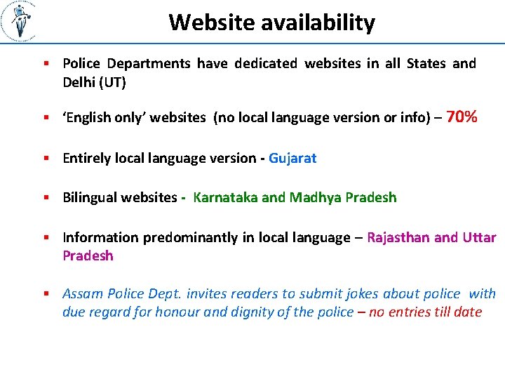 Website availability § Police Departments have dedicated websites in all States and Delhi (UT)