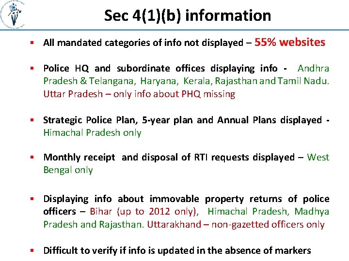 Sec 4(1)(b) information § All mandated categories of info not displayed – 55% websites