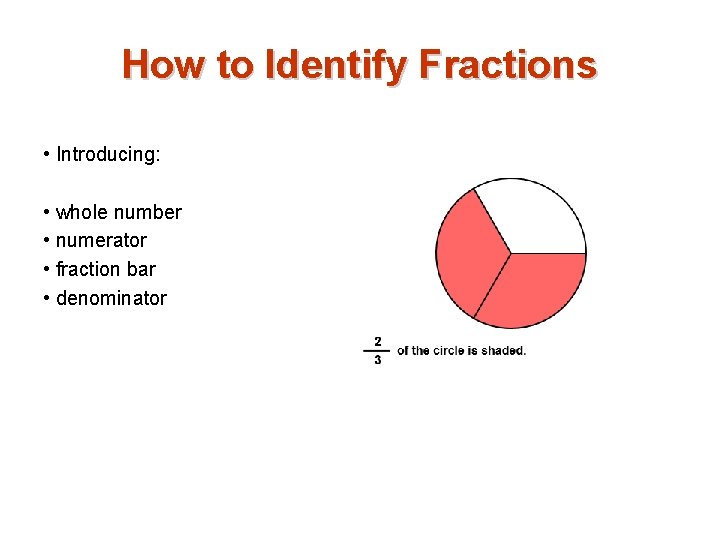 How to Identify Fractions • Introducing: • whole number • numerator • fraction bar