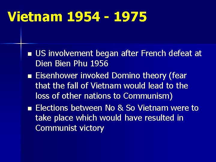 Vietnam 1954 - 1975 n n n US involvement began after French defeat at Vietnam 1954 - 1975 n n n US involvement began after French defeat at