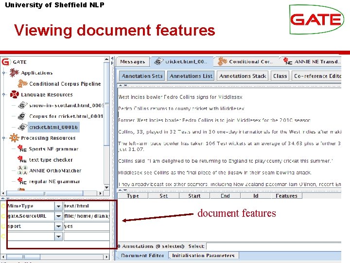 University of Sheffield NLP Viewing document features 