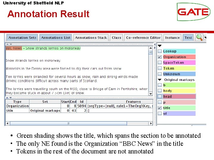 University of Sheffield NLP Annotation Result • Green shading shows the title, which spans