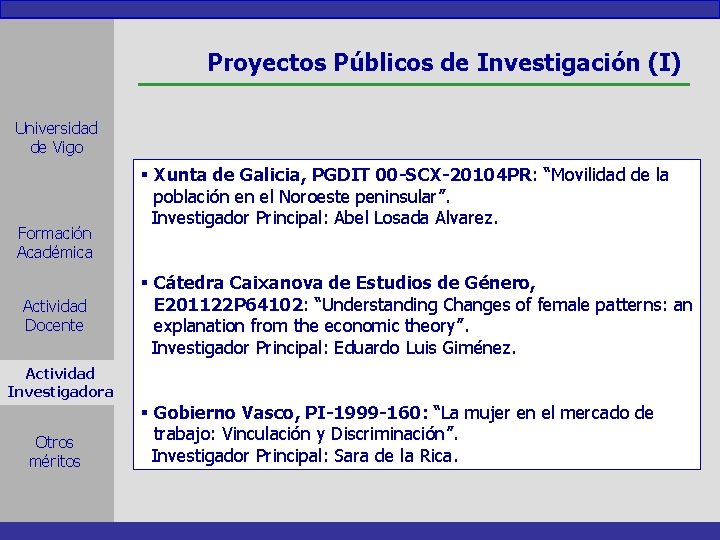 Proyectos Públicos de Investigación (I) Universidad de Vigo Formación Académica Actividad Docente § Xunta