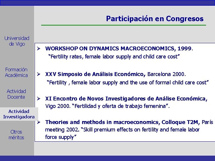 Participación en Congresos Universidad de Vigo Formación Académica Ø WORKSHOP ON DYNAMICS MACROECONOMICS, 1999.