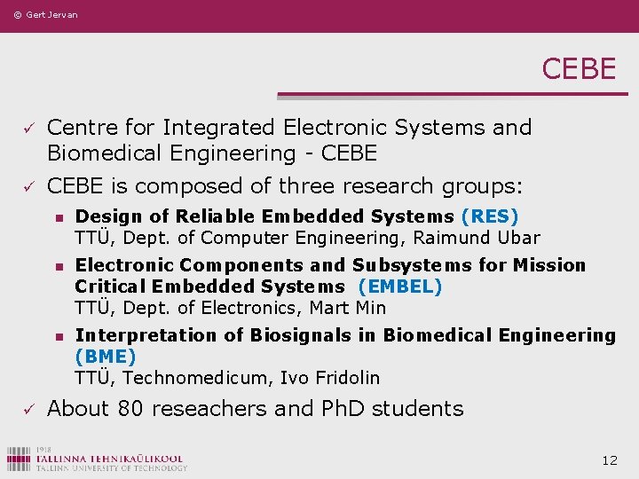 © Gert Jervan CEBE ü Centre for Integrated Electronic Systems and Biomedical Engineering -