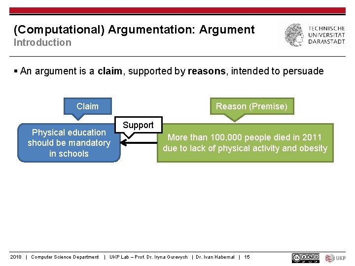 (Computational) Argumentation: Argument Introduction § An argument is a claim, supported by reasons, intended