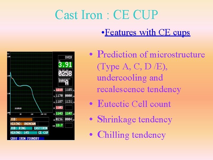 Cast Iron : CE CUP • Features with CE cups • Prediction of microstructure