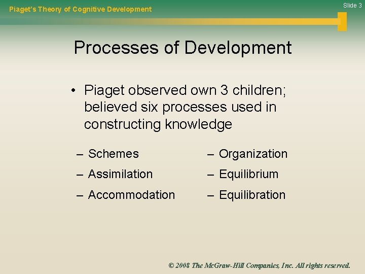 Slide 3 Piaget’s Theory of Cognitive Development Processes of Development • Piaget observed own