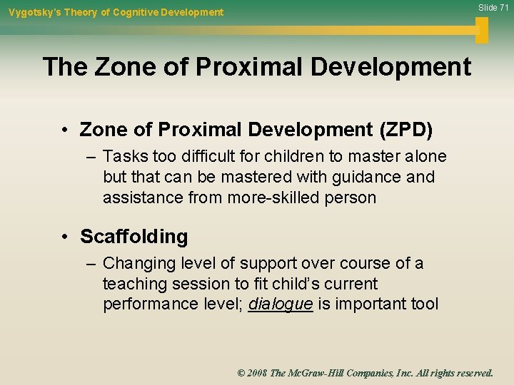 Slide 71 Vygotsky’s Theory of Cognitive Development The Zone of Proximal Development • Zone