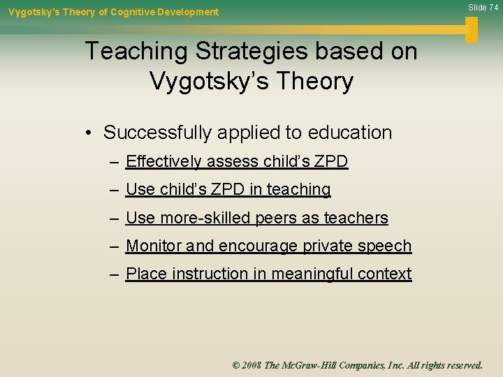 Slide 74 Vygotsky’s Theory of Cognitive Development Teaching Strategies based on Vygotsky’s Theory •