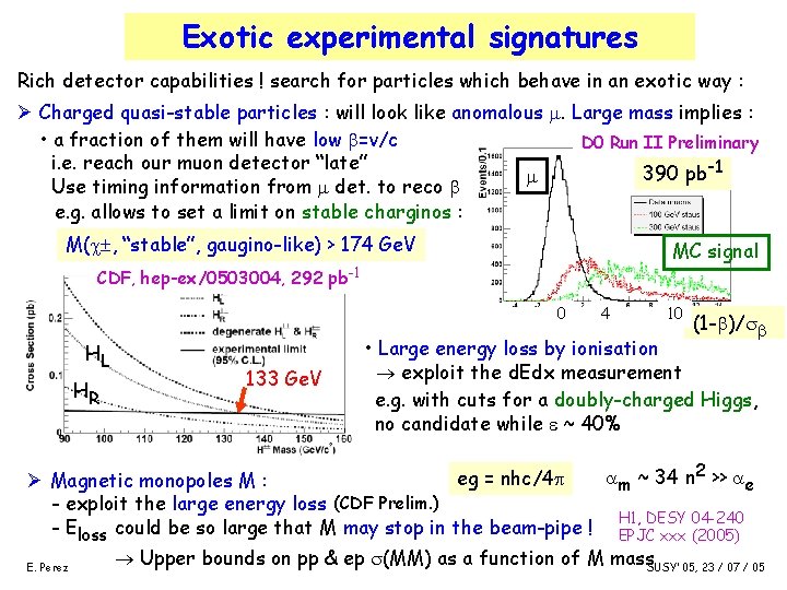 Exotic experimental signatures Rich detector capabilities ! search for particles which behave in an