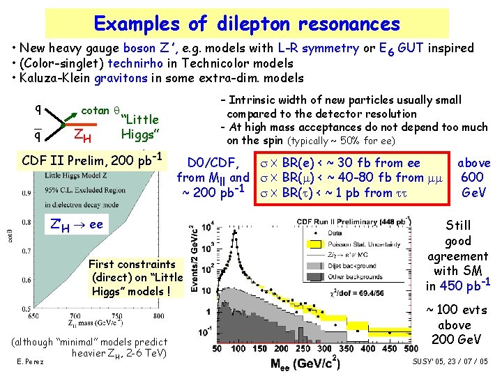 Examples of dilepton resonances • New heavy gauge boson Z ’, e. g. models