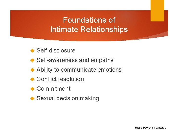 Foundations of Intimate Relationships Self-disclosure Self-awareness and empathy Ability to communicate emotions Conflict resolution