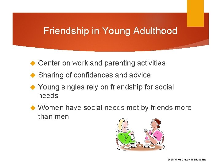 Friendship in Young Adulthood Center on work and parenting activities Sharing of confidences and