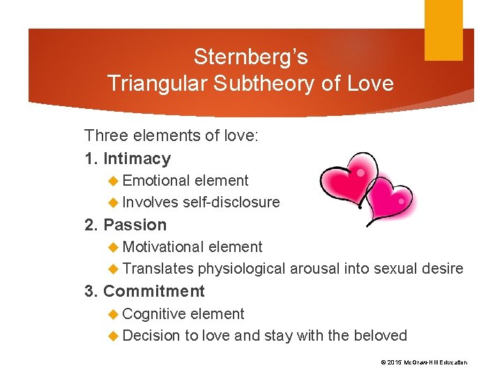 Sternberg’s Triangular Subtheory of Love Three elements of love: 1. Intimacy Emotional element Involves