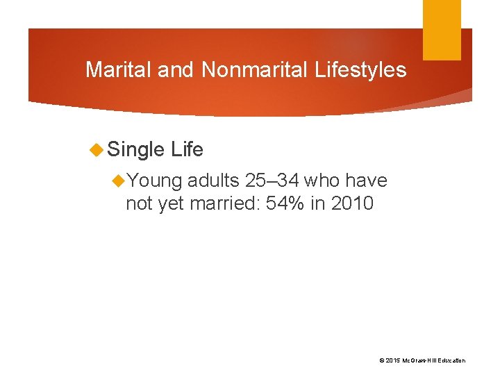 Marital and Nonmarital Lifestyles Single Life Young adults 25– 34 who have not yet