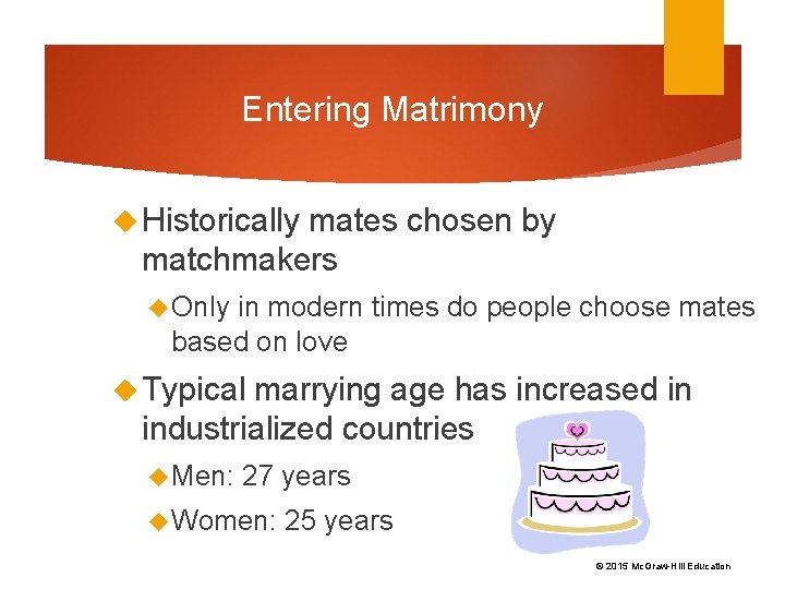 Entering Matrimony Historically mates chosen by matchmakers Only in modern times do people choose