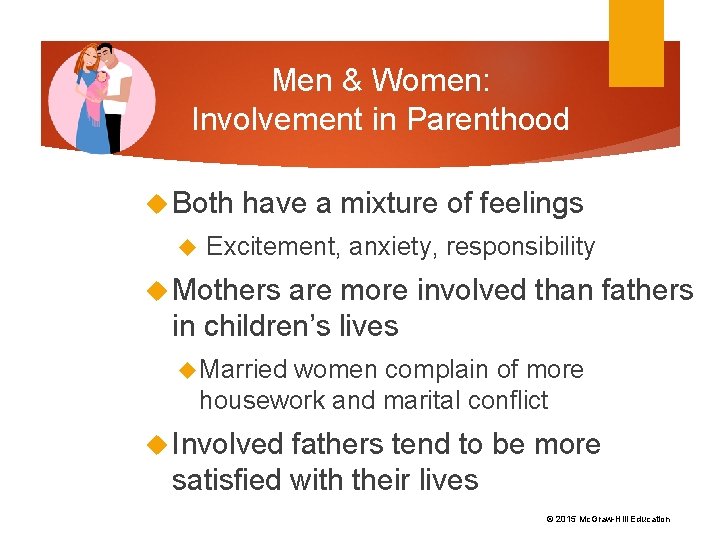 Men & Women: Involvement in Parenthood Both have a mixture of feelings Excitement, anxiety,