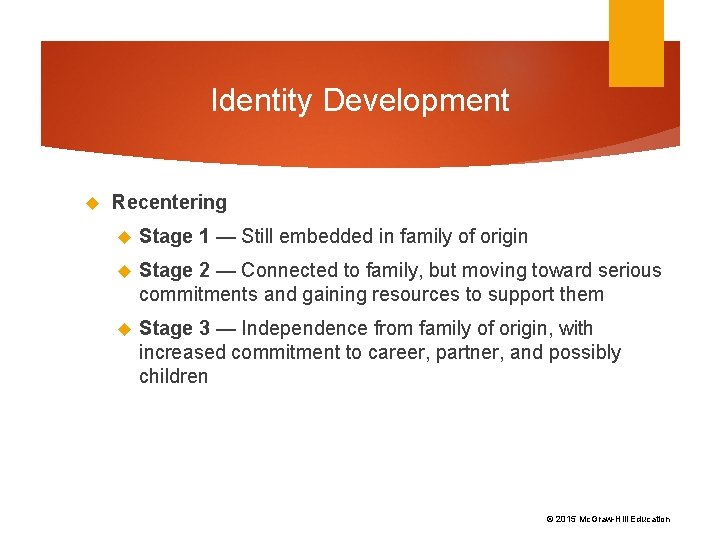Identity Development Recentering Stage 1 — Still embedded in family of origin Stage 2