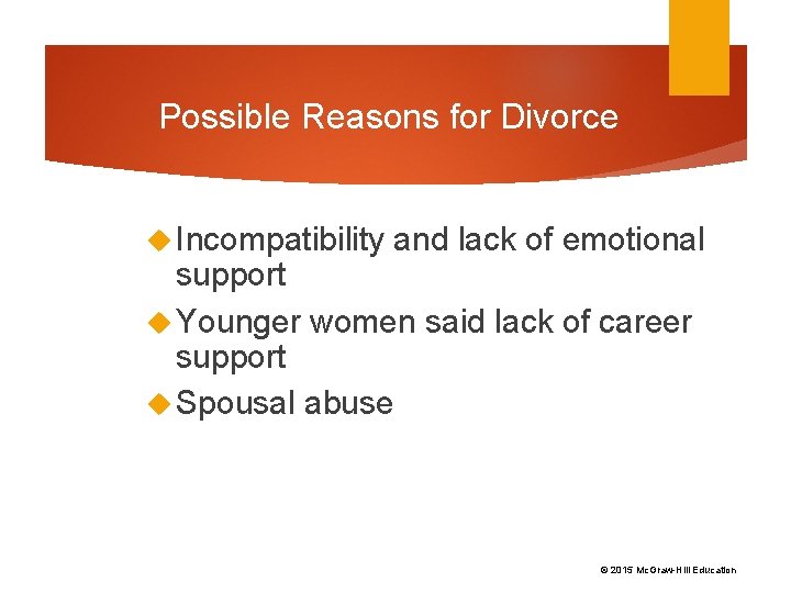 Possible Reasons for Divorce Incompatibility and lack of emotional support Younger women said lack