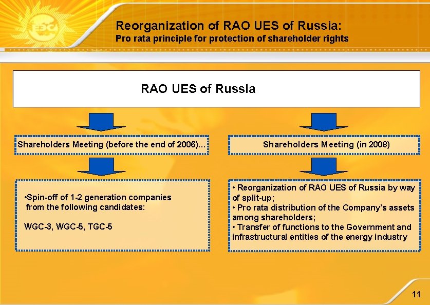 Reorganization of RAO UES of Russia: Pro rata principle for protection of shareholder rights
