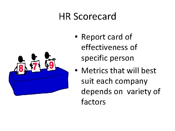 HR Scorecard • Report card of effectiveness of specific person • Metrics that will