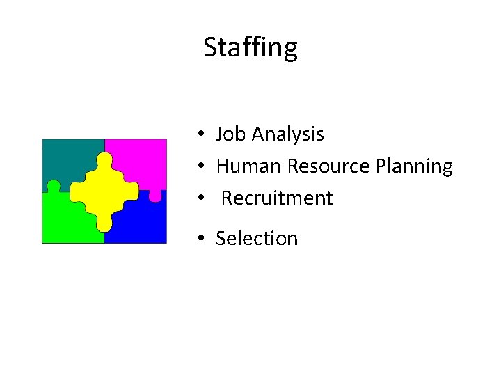 Staffing • Job Analysis • Human Resource Planning • Recruitment • Selection 