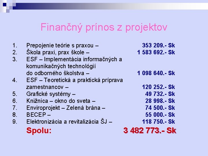 Finančný prínos z projektov 1. Prepojenie teórie s praxou – 2. Škola praxi, prax