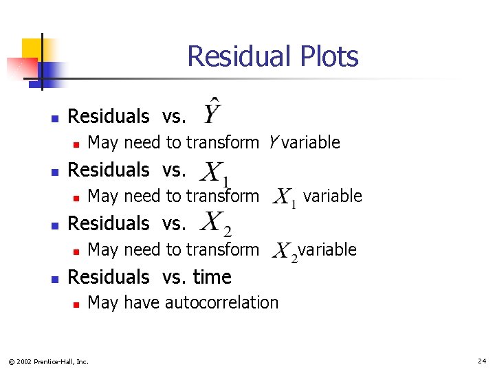 Residual Plots n Residuals vs. n n May need to transform variable Residuals vs.