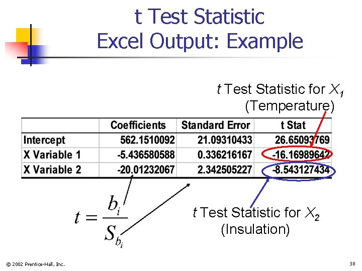 t Test Statistic Excel Output: Example t Test Statistic for X 1 (Temperature) t