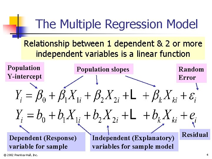 The Multiple Regression Model Relationship between 1 dependent & 2 or more independent variables