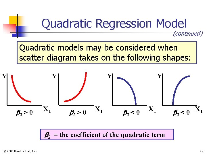 Quadratic Regression Model (continued) Quadratic models may be considered when scatter diagram takes on